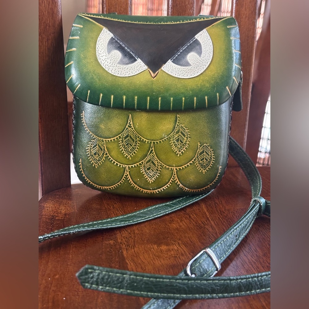 Owl Crossbody Bag Green Tooled Leather Boho Cottagecore Indie Purse